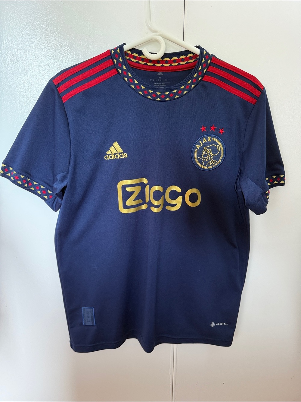 adidas Ajax Adults Navy Blue Football Jersey with Red Stripes and Gold Logo